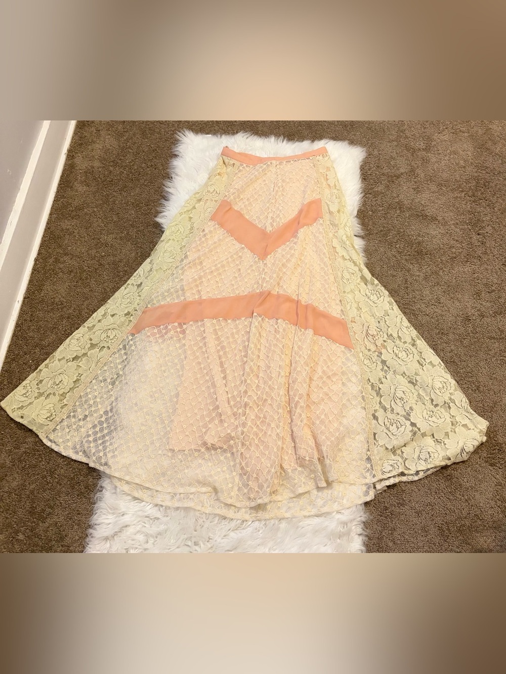 Lace Maxi Skirt Pink Cream Overlay